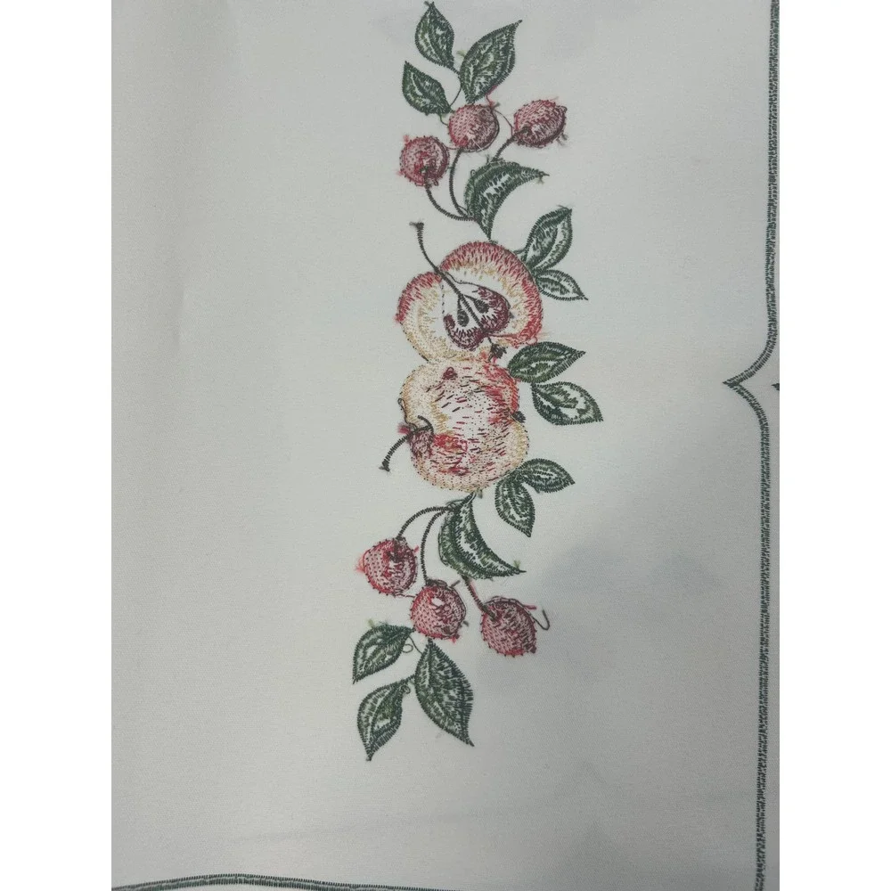Table Runner Cream Embroidered Fruit Apple Cherry‎ Scalloped Country Farmhouse
